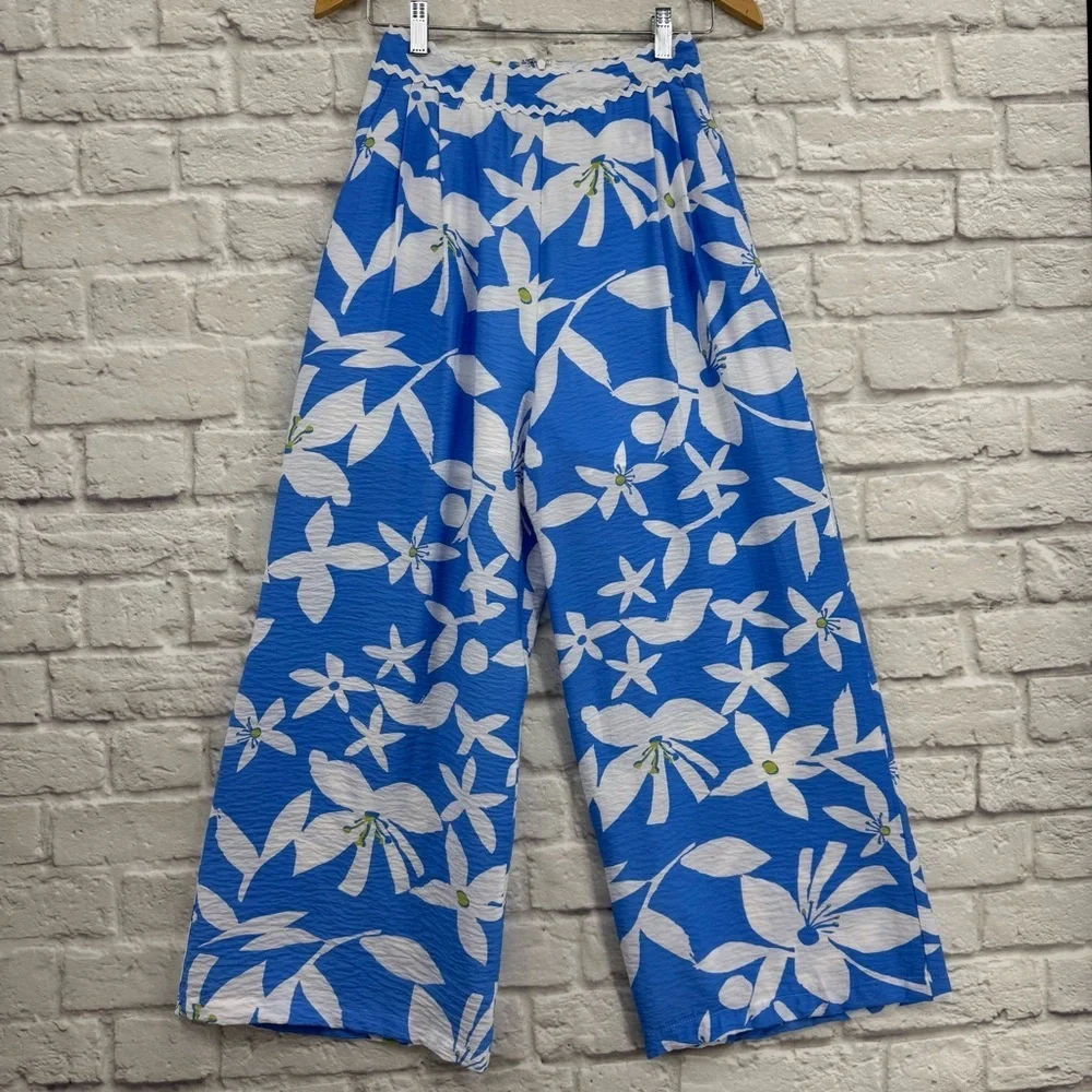 Mable Blue White Floral Wide Leg Crop Pants Beach Vacation Small FLAWED